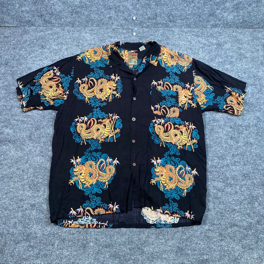 Pineapple Connection Mens XL Dragon Print Rayon Button Up Shirt Black SS